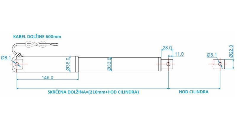 ELEKTRIČNI CILINDER 12V 80kg-12mm/sek HOD 400mm - dimenzije