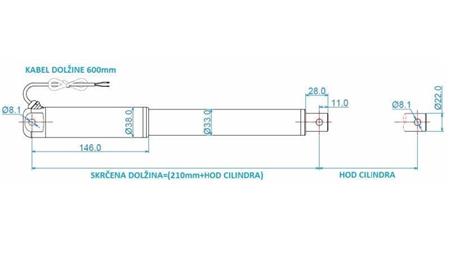ELEKTRIČNI CILINDER 12V 80kg-12mm/sek HOD 200mm -dimenzije