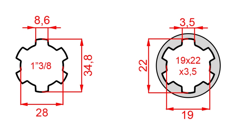 KARDANOVÝ ADAPTÉR Z 19x22x3,5 (10 DRÁŽOK) NA 1-3/8 (120 mm)