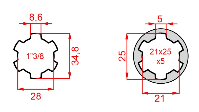 KARDANOVÝ ADAPTÉR Z 21x25x5 (6 DRÁŽOK) NA 1-3/8 (140 mm)