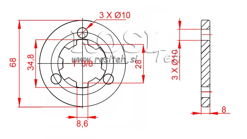 KARDANOVÝ ADAPTÉR S PŘÍRUBOU 3 OTVORY A ČEPEM 1-3/8 (80 mm)