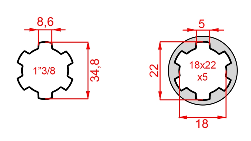 KARDANADAPTER FRAN 18x22x5 (6 SPLINES) TILL 1-3/8 (120 mm)