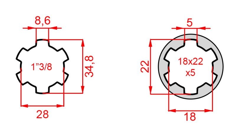 KARDANOVÝ ADAPTÉR Z 18x22x5 (6 DRÁŽOK) NA 1-3/8 (120 mm)