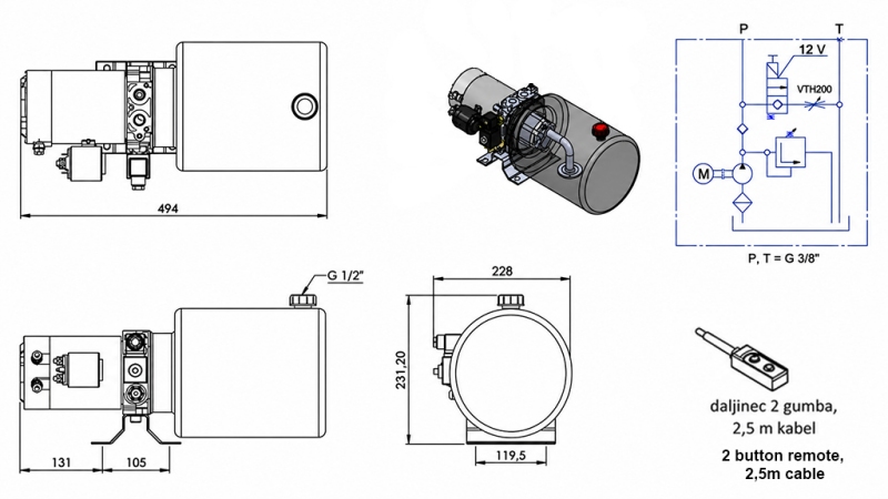 MINI HYDRAULINEN POWER-PACK 12V DC - 1.6kW = 2.1cc - 8 litraa - yksivaiheinen laite (metalli)