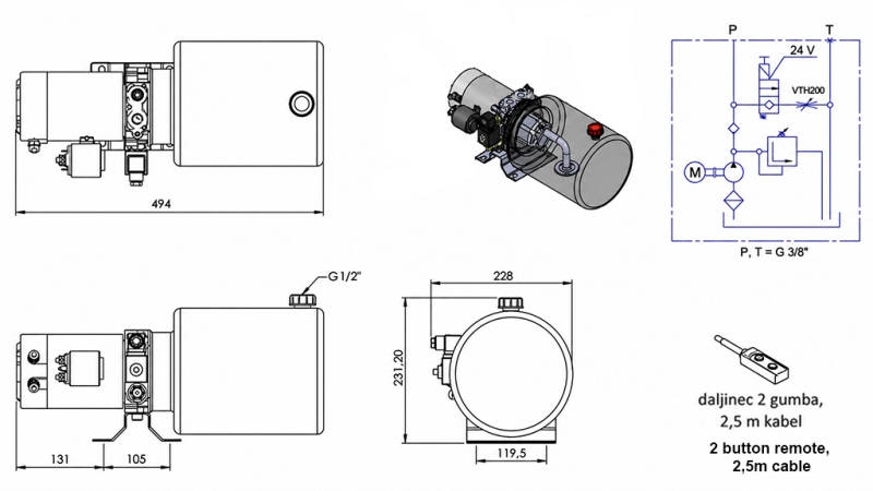 МИНИ ХИДРАВЛИЧЕН POWER-PACK 24V DC - 2.2kW = 2.1cc - 8 литра - еднофазно сглобяване (метал)
