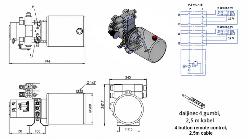 MINI HYDRAULIKAGGREGAT 12V DC - 1.6kW = 2.1cc - 8 lit - 2x bidirektionell enhet (metall)