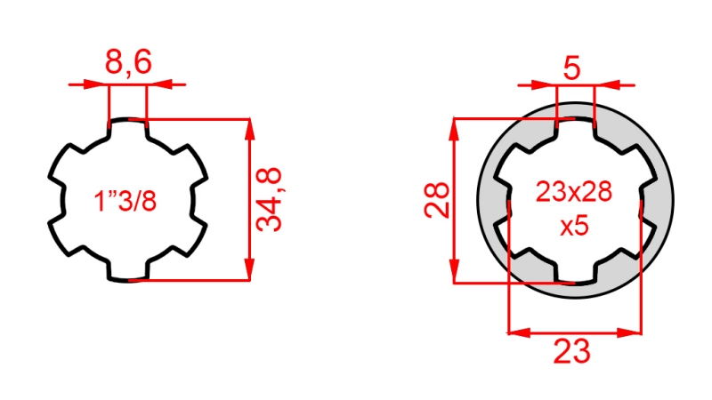 ZAPFWELLENADAPTER VON 23x28x6 (6 VERZAHNUNGEN) AUF 1-3/8 (140 mm)