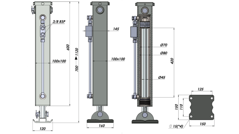 KAKSITOIMINEN HYDRAULINEN TUKIJALKA (100x100x700 mm) - ISKU 420 mm - 5.000 kg