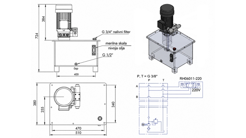 MINI CENTRALE HYDRAULIQUE 380V AC (4 kW) - 8 cc - 12 lit/min - réservoir 40 lit