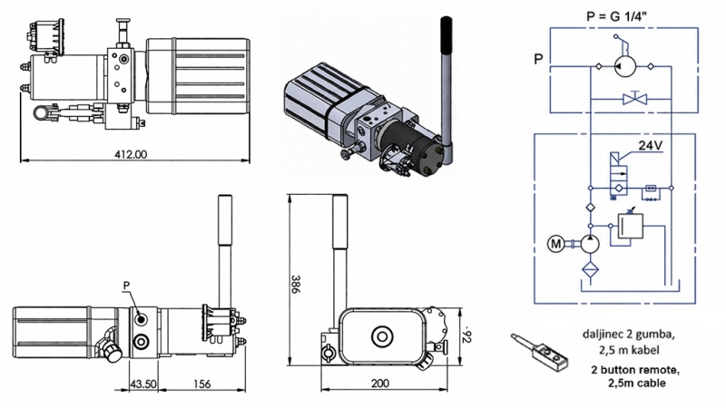 МИНИ ХИДРАВЛИЧНА УНИТ 24V DC - 0.8KW = 0.5CC - 1.5 ЛИТРА - ЕДНОДЕЙСТВЕН УНИТ (PVC) С РЪЧНА ПОМПА