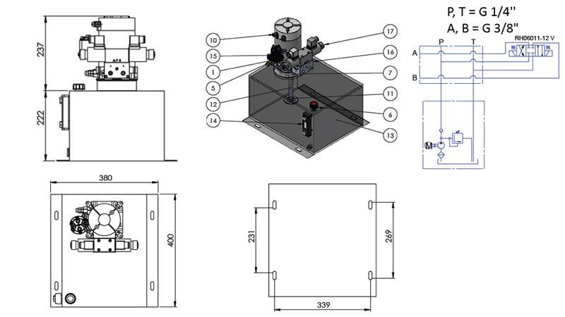 AGREGADO HIDRÁULICO MINI 12V DC - 1.6kW = 2.1cc - 25 lit - montagem de direção dupla (metal)