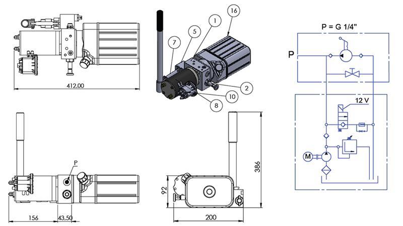 AGREGADO HIDRÁULICO MINI 12V CC - 0.8kW = 0.5cc - 1.5 lit - unidad monofásica (PVC) con bomba manual