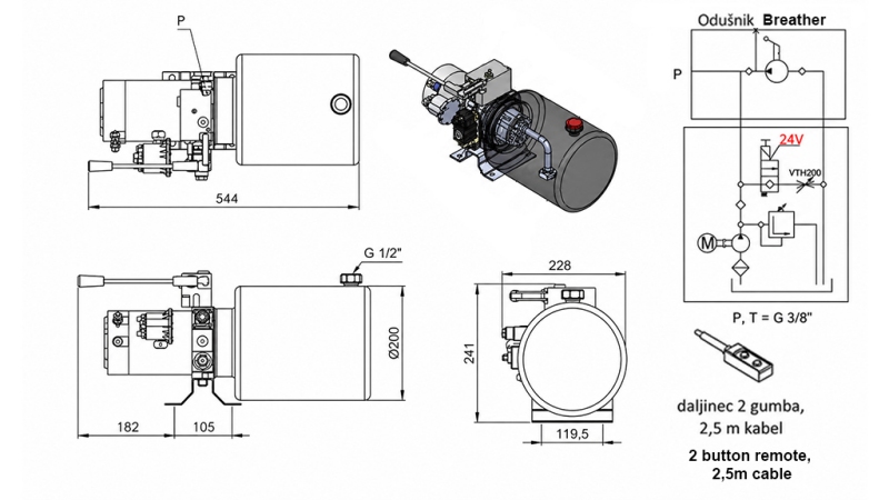 UNIDAD DE POTENCIA HIDRÁULICA MINI 24V CC - 2.2kW = 2.1cc - 8 litros - unidad monofásica CON BOMBA MANUAL
