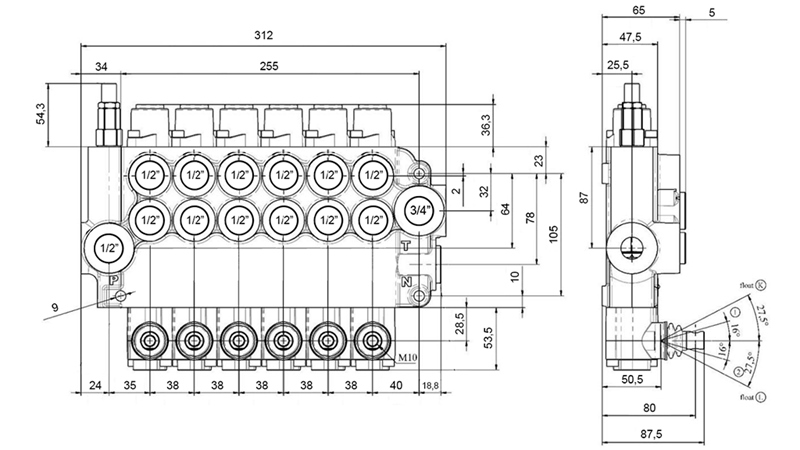 MANUELL HYDRAULISCHES VENTIL MONOBLOCK 6xZ80