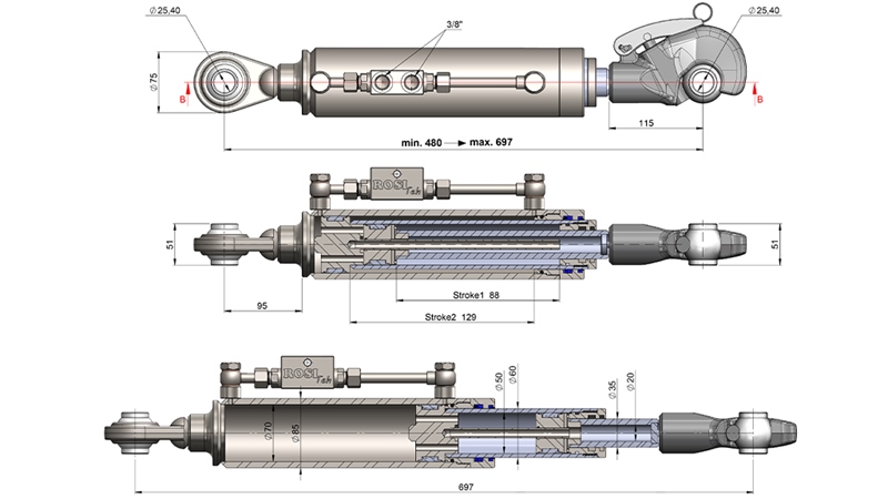 TELESCOPIC HYDRAULIC TOP LINK WITH HOOK - CAT. 2 (45-95 HP) - 480-697 mm (25,4 mm)