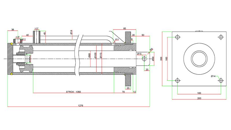 HYDRAULICKÝ VALEC PRE ŠTIEPAČKU DREVA S MONTÁŽNOU DOSKOU100/60-1050 - HORNÉ PRIPOJENIE