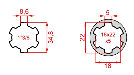 KARDANADAPTER FRAN 18x22x5 (6 SPLINES) TILL 1-3/8 (120 mm)