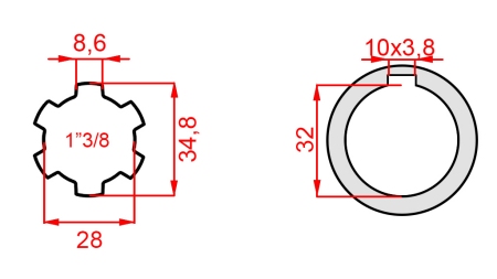 KARDANOVÝ ADAPTÉR 1-3/8 - OTVOR fi 32 mm (150 mm)