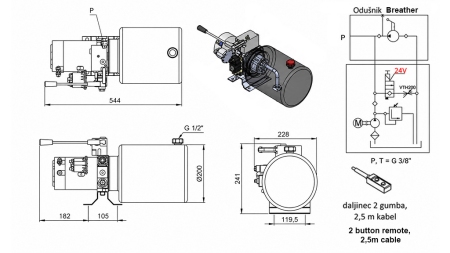 UNIDAD DE POTENCIA HIDRÁULICA MINI 24V CC - 2.2kW = 2.1cc - 8 litros - unidad monofásica CON BOMBA MANUAL
