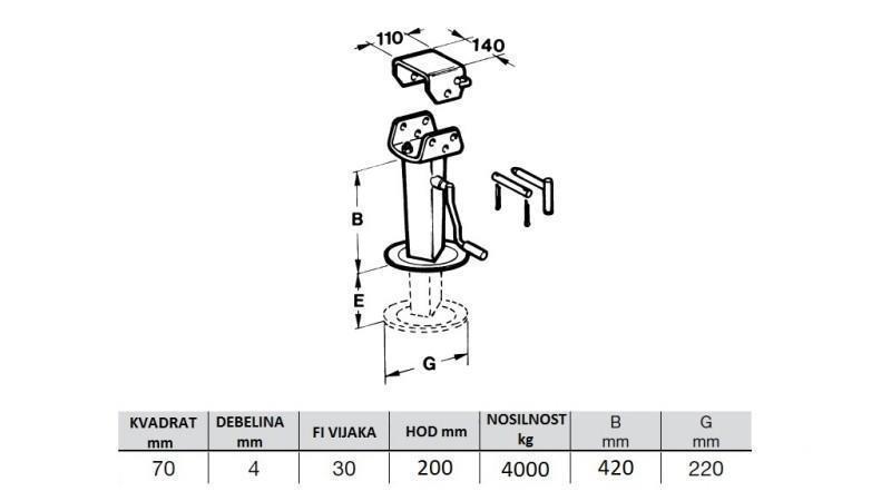 NAVOJNA PODPORNA NOGA - PREKLOPNA 200MM - 4000KG - dimenzije