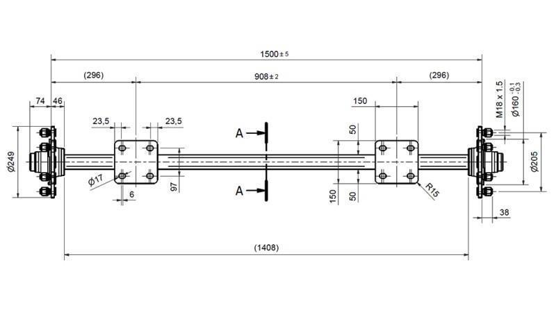 ASSE DEL RIMORCHIO 3300kg SENZA FRENI (1500 mm) CON PIASTRA DI MONTAGGIO