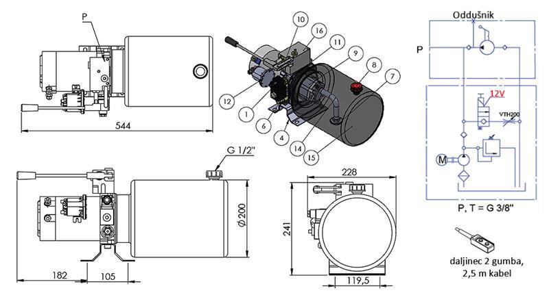 MINI HIDRAVLIČNI AGREGAT 12V DC - 1,6kW = 2,1cc - 8 lit - enosmerni sklop Z ROČNO ČRPALKO