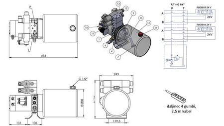 MINI HIDRAVLIČNI AGREGAT 24V DC - 2,2kW = 2,1cc - 8 lit - 2x dvosmerni sklop (kovinski)